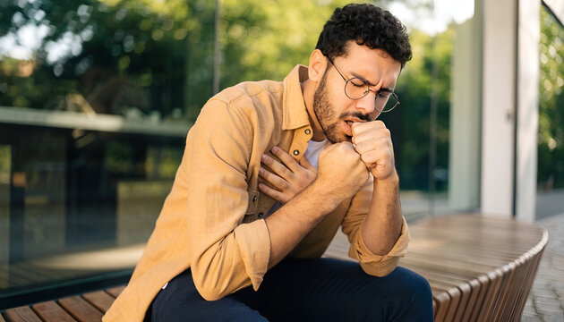 Young Man Experiencing Cough and Chest Discomfort Outdoors