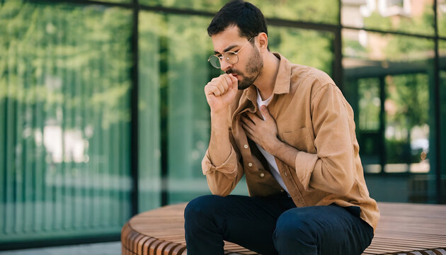 Young Man Experiencing Cough and Chest Discomfort Outdoors