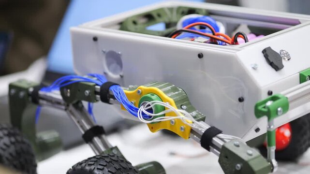Close-up of robotic vehicle with visible wiring and mechanical parts. Robot features green and yellow joints on moving limbs. Background shows blurred computer screen and workshop tools