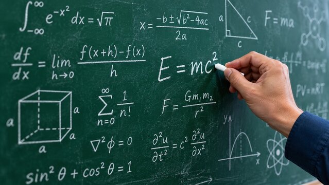 A teacher writing mathematical equations and physical formulas with chalk on a green chalkboard in a classroom for education