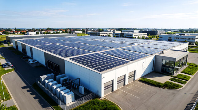 Commercial rooftop solar energy system in industrial zone aerial view stock photo, large scale logistics warehouse with rooftop photovoltaic panel installation, and net zero commercial facility.
