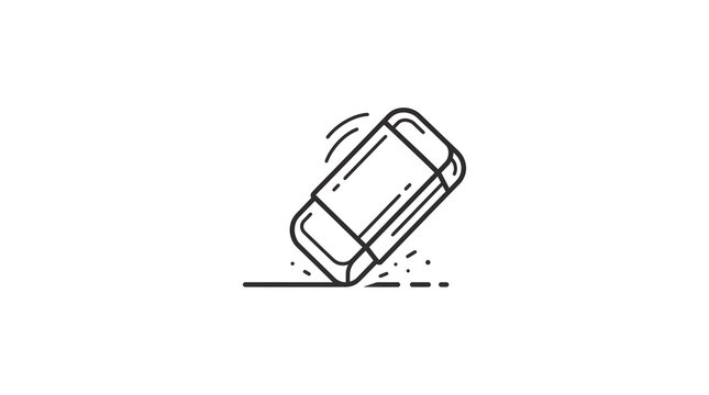 A minimalist black and white line art vector icon of an eraser erasing a straight line, showcasing motion streaks and crumbs
