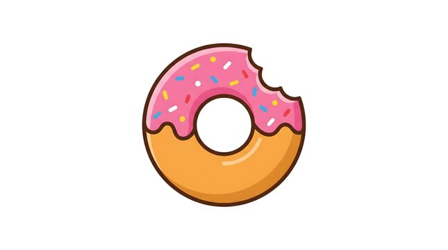 Vector illustration of a delicious bitten donut with pink icing and colorful sprinkles isolated on a white background