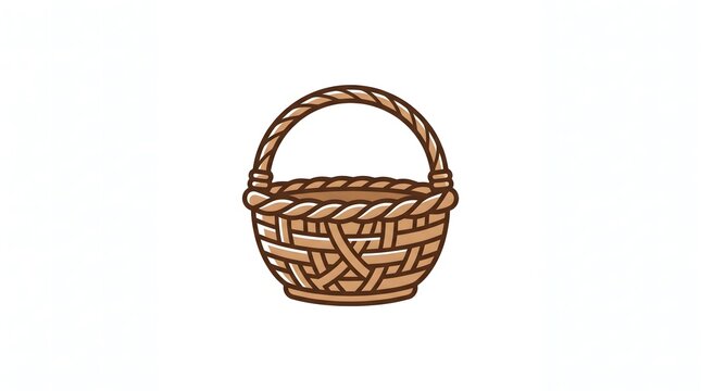 Wicker basket icon isolated on white background. Hand-drawn woven basket vector illustration, perfect for picnic, Easter, autumn harvest, and shopping design concepts