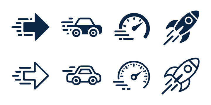 Speed Icon Collection with Rocket, Arrow, Car, and Gauge Designs in Monochrome Vector Style for Fast Movement, Performance, and Transportation