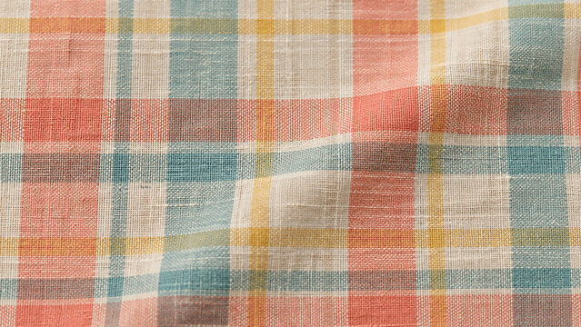 Pastel madras check linen fabric texture close up summer plaid background