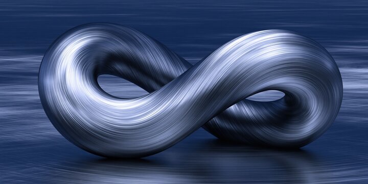 Brushed metallic silver infinity symbol 3d rendered on textured deep blue background representing eternal endless infinite concept modern abstract art