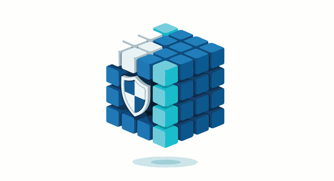 A flat vector 2D graphic of a floating cube composed of smaller quantum bits, with a shield icon on the front. Symbolizing secure SME data storage. Minimalist composition, bright mood. Palette: