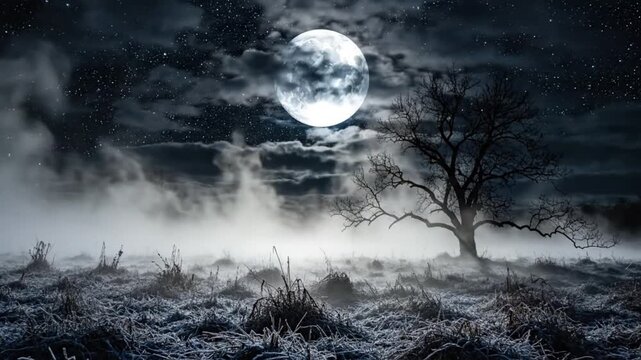 Full moon shining over dark mysterious misty field with silhouette tree in dark motion video footage