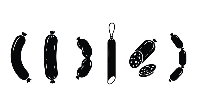 Black silhouette vector illustration of various sausages tied with string