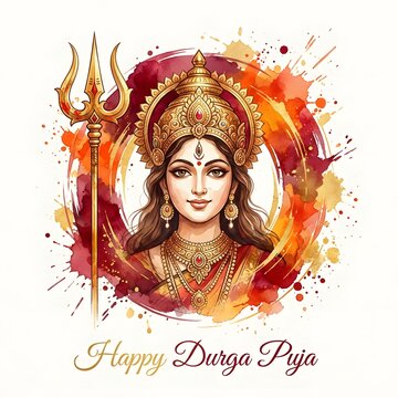 Watercolor Maa Durga portrait with golden trident for spiritual poster.