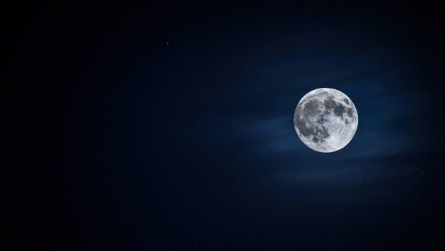 Bright full moon in dark night sky with faint clouds and scattered stars, serene and tranquil nocturnal scene.