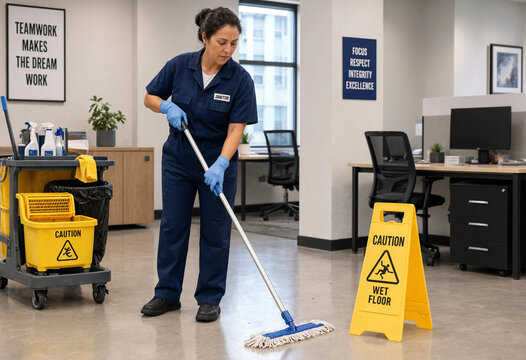 Professional cleaner mops office floor with care