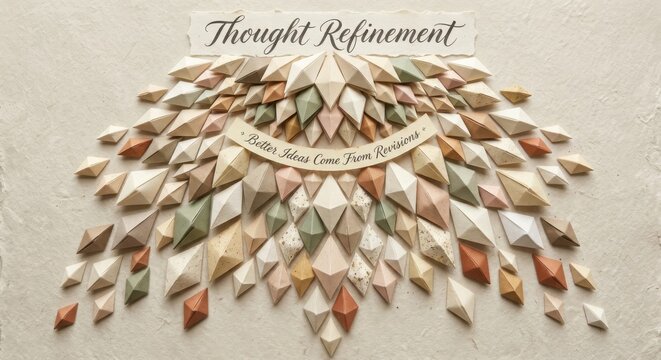 Intricate Geometric Paper Origami Art Arrangement with "Thought Refinement" Theme