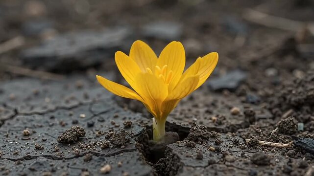 Yellow crocus flower blooming from cracked dry soil in timelapse