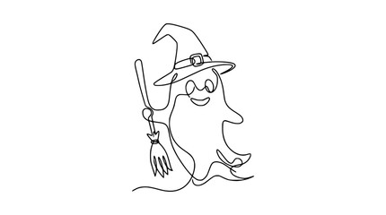 Fototapeta premium Cute ghost wearing witch hat holding broom, single line art, isolated on transparent background