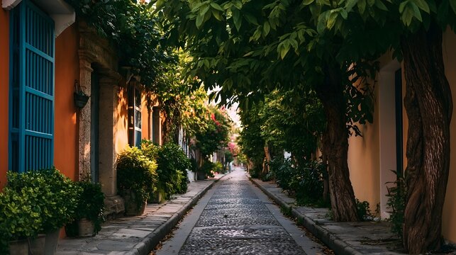 A narrow cobblestone street lined with lush green trees and colorful buildings under soft sunlight