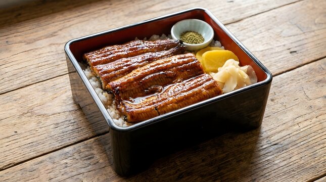 Traditional grilled eel bento box with glazed unagi and pickled vegetables in black lacquerware tray