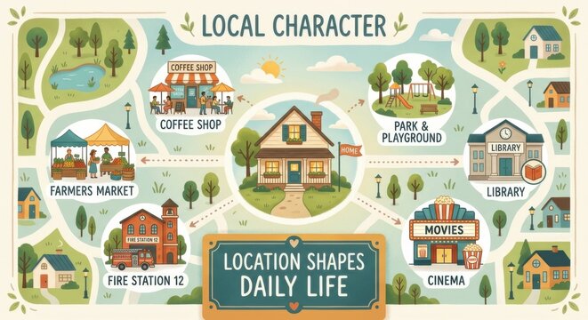 Neighborhood Character Icons Illustrating Daily Life Location Shapes