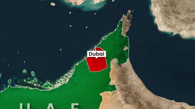 Animated map highlighting Dubai's location within the United Arab Emirates