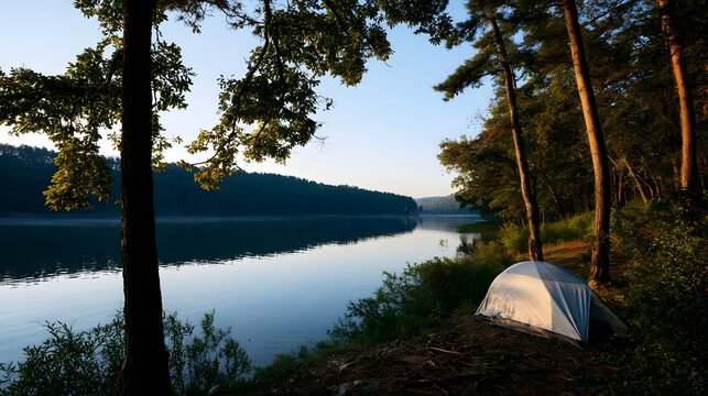 A solitary tent nestled among trees beside a calm lake under a clear sky at dawn or dusk  with mist hovering over the water