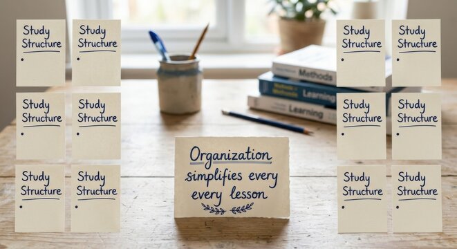 Organization simplifies every lesson on a wooden desk with books and pens