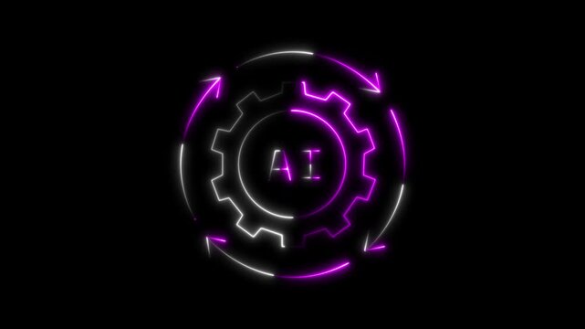 Glowing neon gear and circuit board icon isolated on black background .Ai powering the future a glowing gear icon representing artificial intelligence and technological advancement

