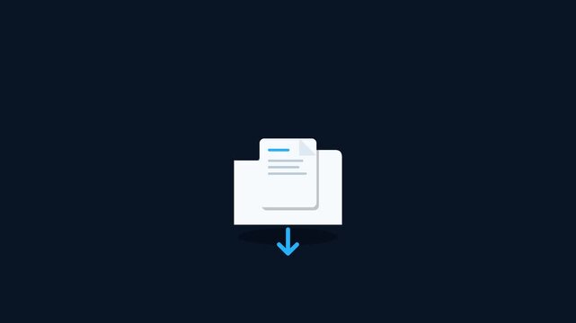 White folder icon with document and blue down arrow representing digital file download on dark background