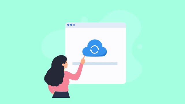 Animated video showing a person monitoring a cloud synchronization process with a circular sync icon and progress bar inside a browser window on a soft turquoise background.