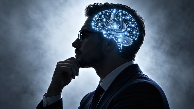 Profile silhouette of a thoughtful businessman with a glowing neural network brain representing artificial intelligence and deep learning