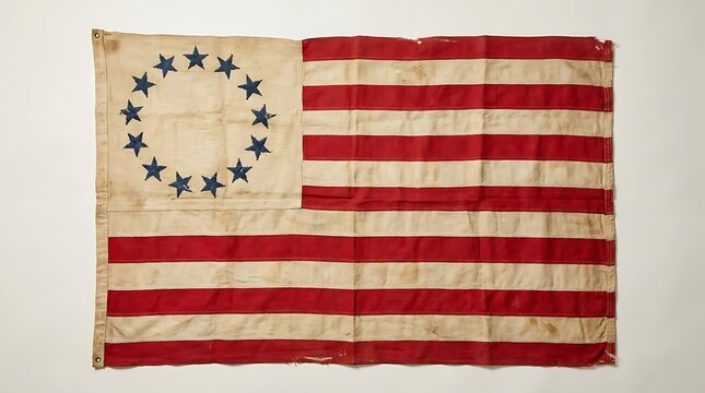Old vintage american flag with thirteen stars arranged in a circle representing the original colonies. 13 colonies flag