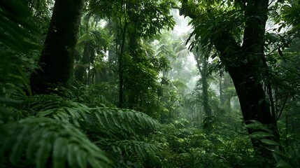 Fototapeta premium A lush tropical rainforest with towering trees dense green foliage and misty atmosphere creating a serene and immersive woodland scene