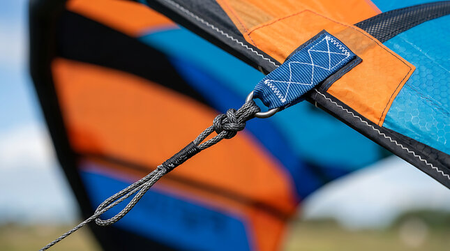 Close-up detail of a kiteboarding bridle attachment point showing the heavy duty stitching and grey line connection