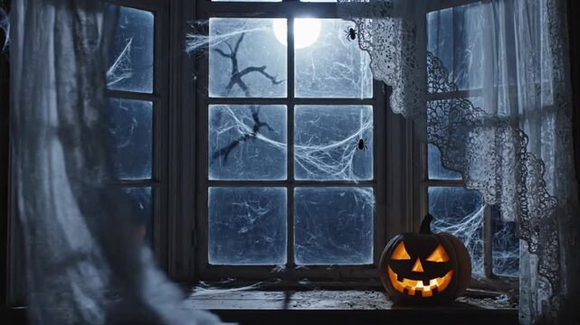 Eerie jack-o-lantern glows beside windblown lace curtains in this spooky Halloween motion horror clip animation