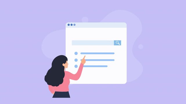 Animated video showing a person interacting with a digital web interface featuring a search field and form elements on a soft purple background.