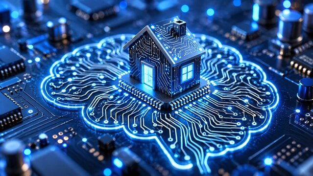 Smart house concept integrated with artificial intelligence, neural network brain, and microchip technology on a circuit board