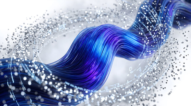 Glowing blue fiber optic swirl of light threads and digital particle data