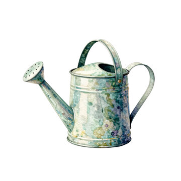 Vintage watercolor watering can with patina detail on a white background