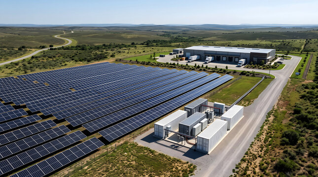 Off grid remote solar power plant with BESS battery storage facility aerial view photo, ground mounted solar array powering industrial warehouse in rural landscape, and clean energy graphic.