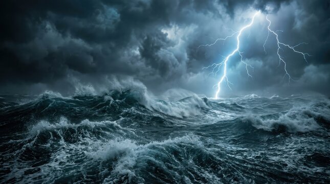 Violent lightning storm striking over a turbulent stormy ocean with crashing waves