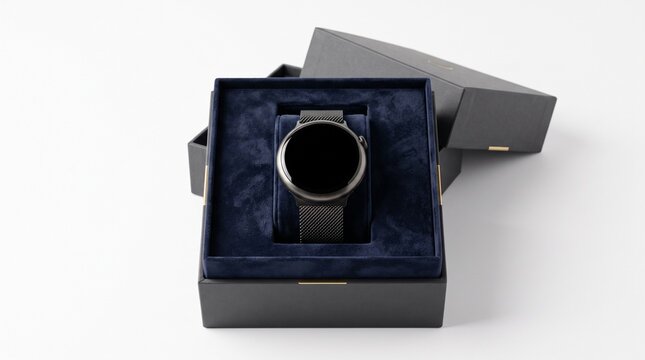 Modern smartwatch presented inside a premium gift box isolated on white background, wearable technology present for birthdays, celebrations, fitness, lifestyle, business and special occasions
