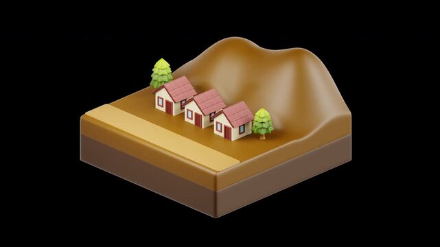 3D isometric houses being buried by a landslide in a looping 3D animated icon style on an isolated background for natural disaster concept.
