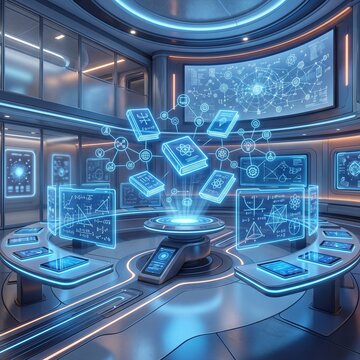 Futuristic digital library with floating holographic books and screens