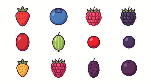 Collection of flat vector berry icons on white background