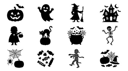 Fototapeta premium Black Halloween Silhouette Vector Clipart, Pumpkin Witch Broom Bat and Candy Corn Icon Bundle