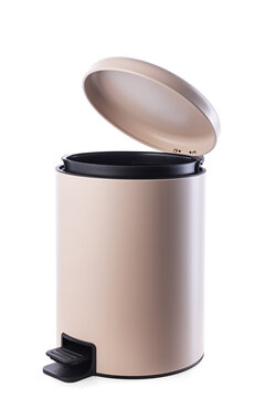 Beige metal pedal trash bin with open lid isolated on white background