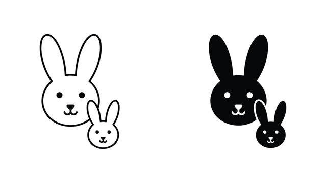 Mother and baby bunny head vector icons in outline and solid
