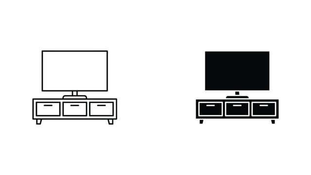 Living room television stand and tv screen furniture vector outline and glyph icon set