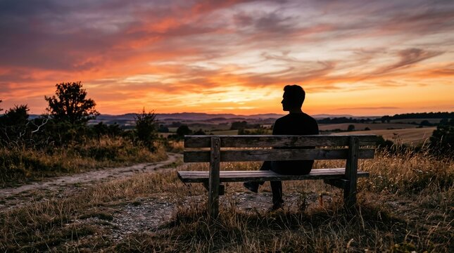 Man sitting on a wooden bench looking at a dramatic sunset over rolling hills