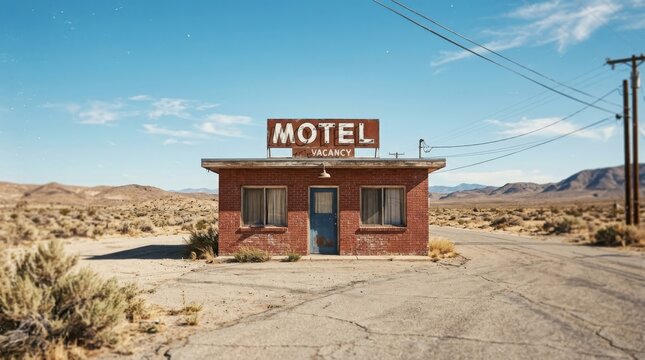 Abandoned vintage brick motel in the desert with a rusted sign under a blue sky